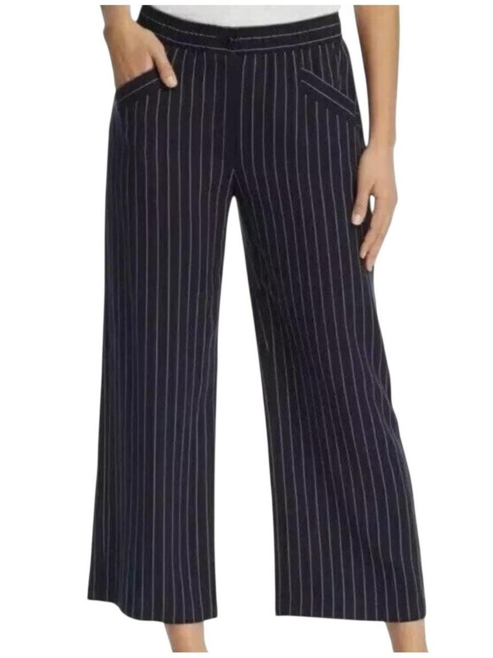 Eileen Fisher Crop Wide Leg Pants Navy Pinstripe L